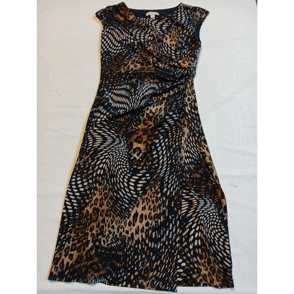 Dress Barn Established 1962 Animal Print Ruched Sheath Dress Navy Tan Size 4